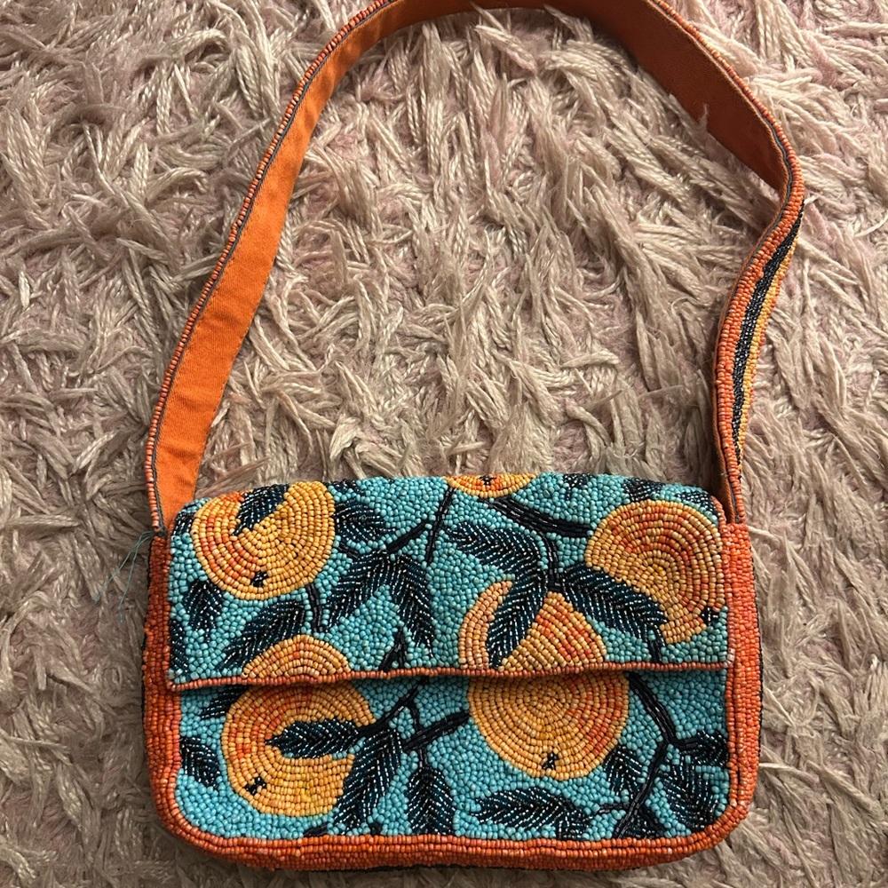Anthropologie Orange and Blue Beaded Shoulder Bag